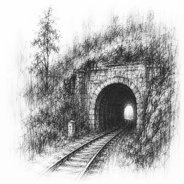 Charcoal sketch of a railway tunnel mouth on the mountain line on the way to Coonoor