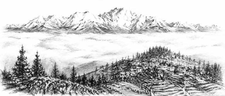 Charcoal sketch of Kanchenjunga glowing above a sea of cloud at dawn, tea-covered ridges and a small hill town below - never been abroad