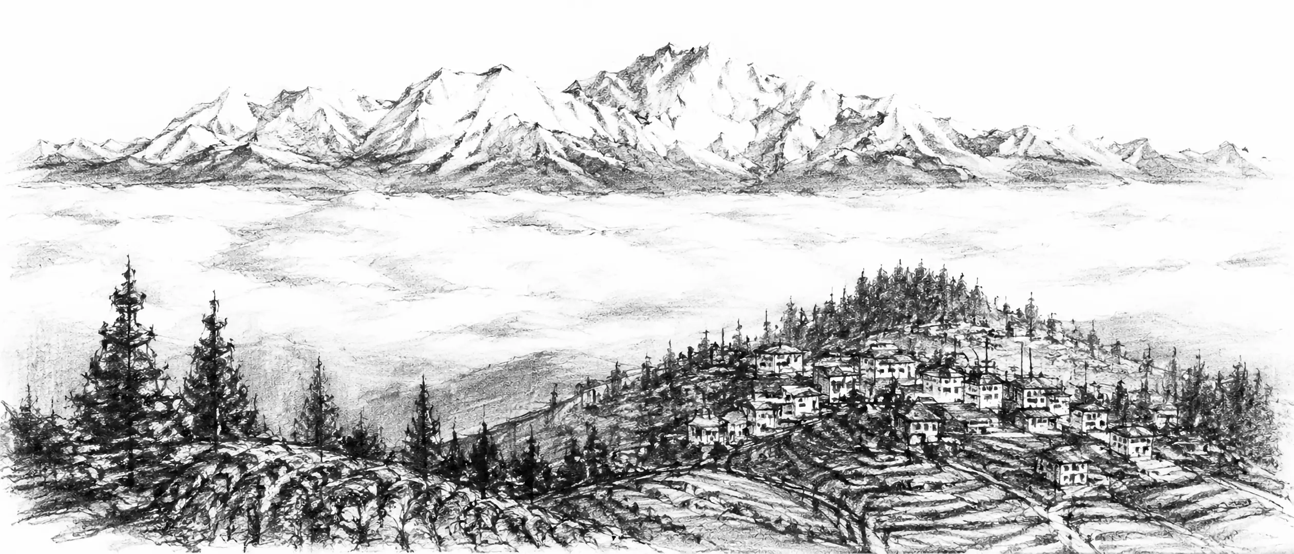 Charcoal sketch of Kanchenjunga glowing above a sea of cloud at dawn, tea-covered ridges and a small hill town below - never been abroad