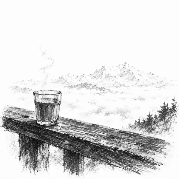 Charcoal sketch of a glass cup of tea resting on a rail, snow peaks beyond