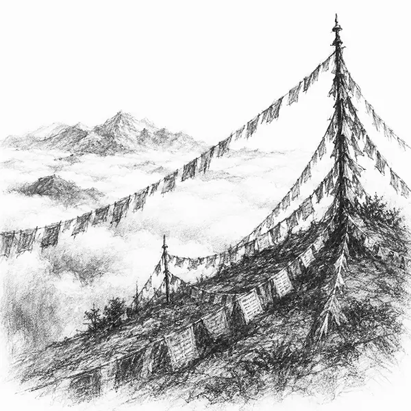Charcoal sketch of strings of prayer flags strung over a hill ridge above the clouds