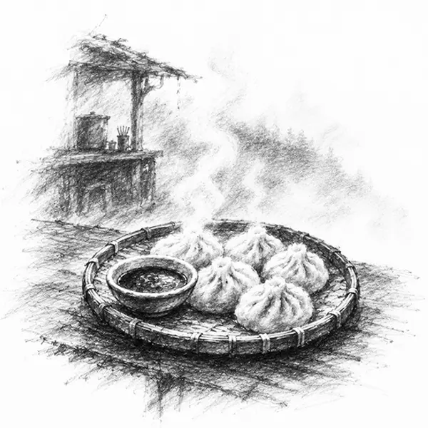 Charcoal sketch of a plate of steaming momos at a small roadside stall