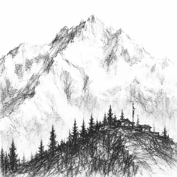 Charcoal sketch of the snow wall of Kanchenjunga looming huge over a ridge in Darjeeling