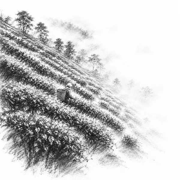 Charcoal sketch of steep tea gardens dropping into mist in Darjeeling