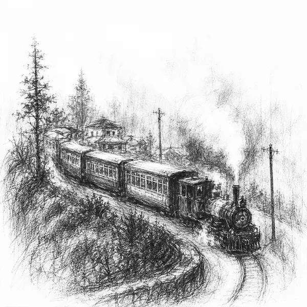 Charcoal sketch of a Darjeeling steam toy train curving around a hillside loop