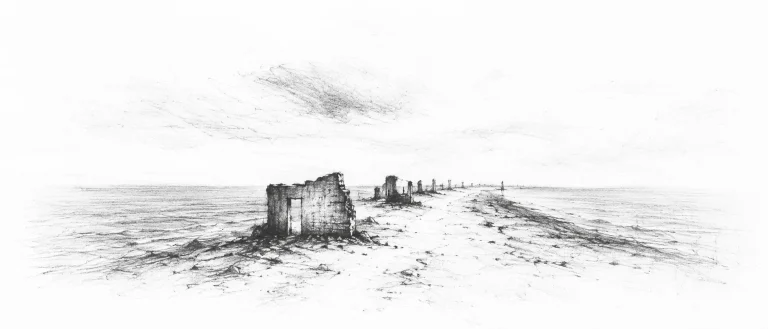 Charcoal sketch of a thin spit of pale sand with sea on both sides running to the horizon, ruined walls, a big empty sky - never been abroad