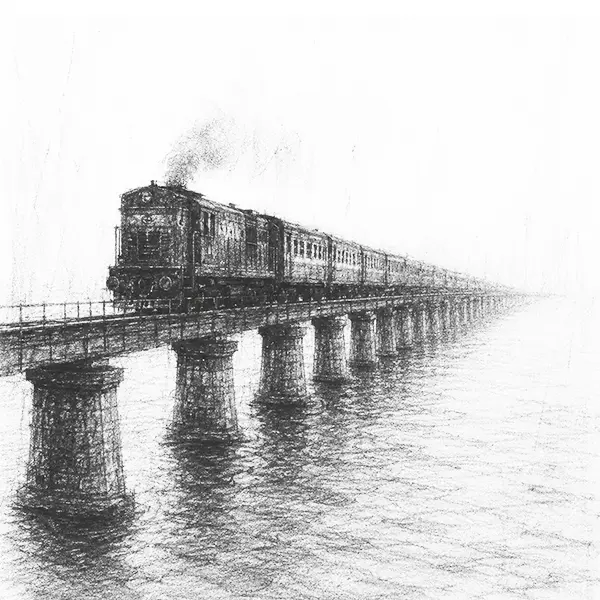 A train crossing a long low railway bridge over open sea, water on both sides representing Pamban bridge on way to Dhanushkodi