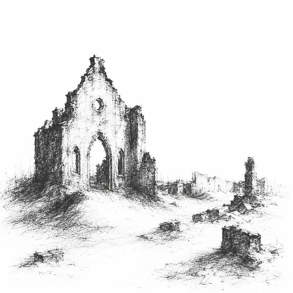 Ruined church and station walls half-buried in sand in Dhanushkodi