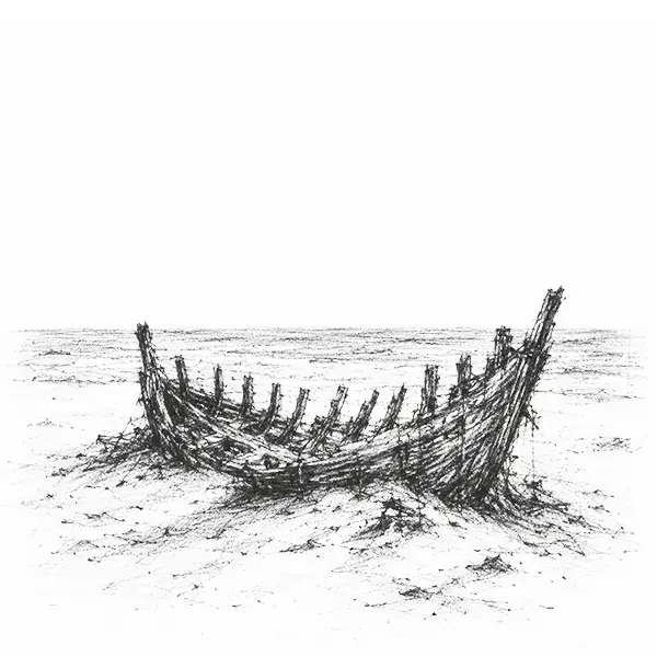 Charcoal sketch of a wrecked wooden fishing boat half-buried in the sand