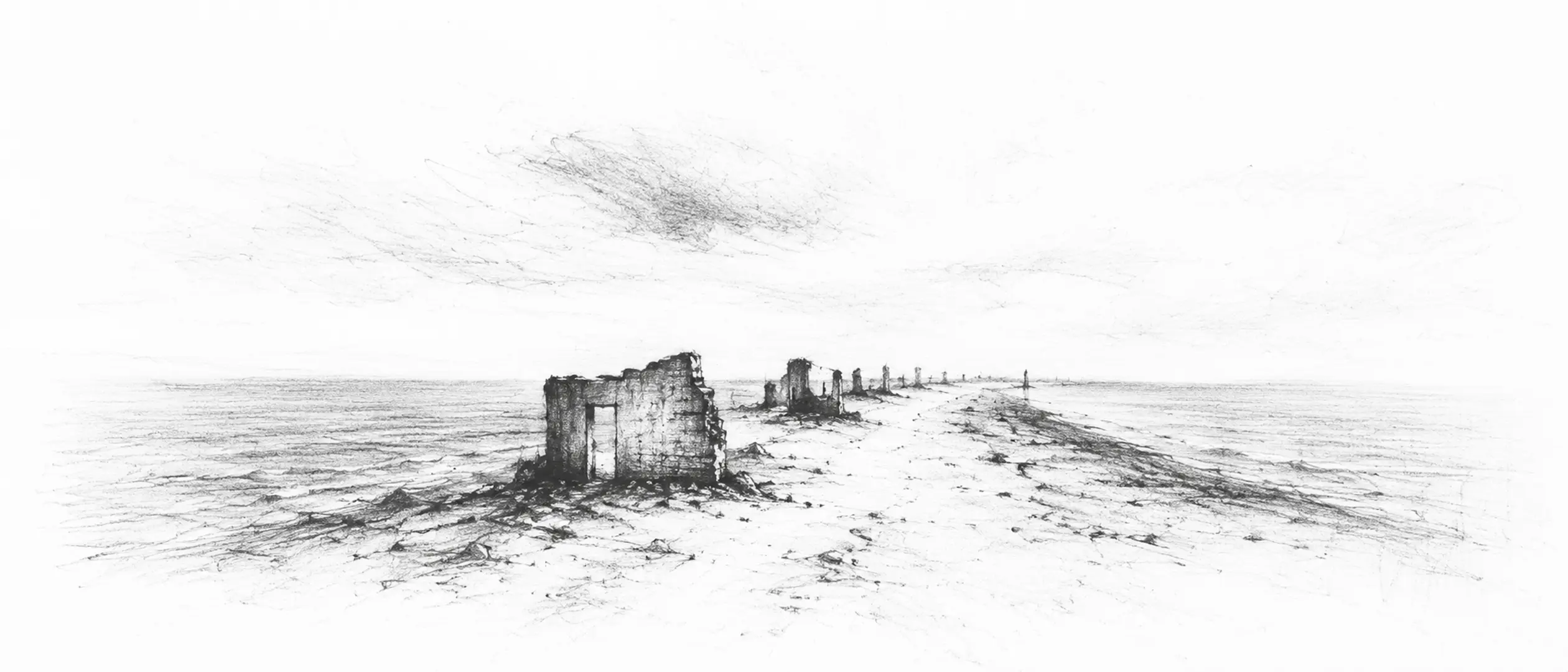 Charcoal sketch of a thin spit of pale sand with sea on both sides running to the horizon, ruined walls, a big empty sky - never been abroad