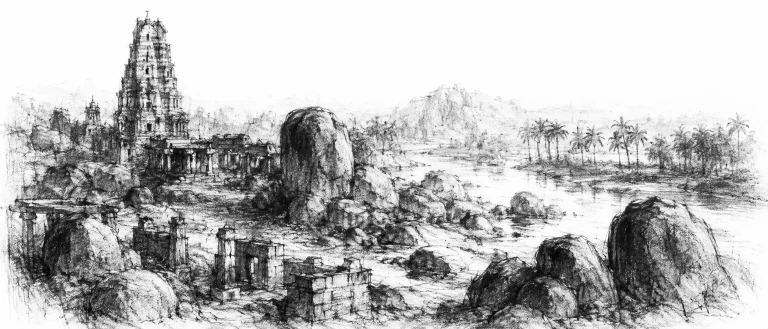 Charcoal sketch of a ruined temple tower and stone ruins among huge rounded granite boulders, a river and palms in heat-haze - never been abroad