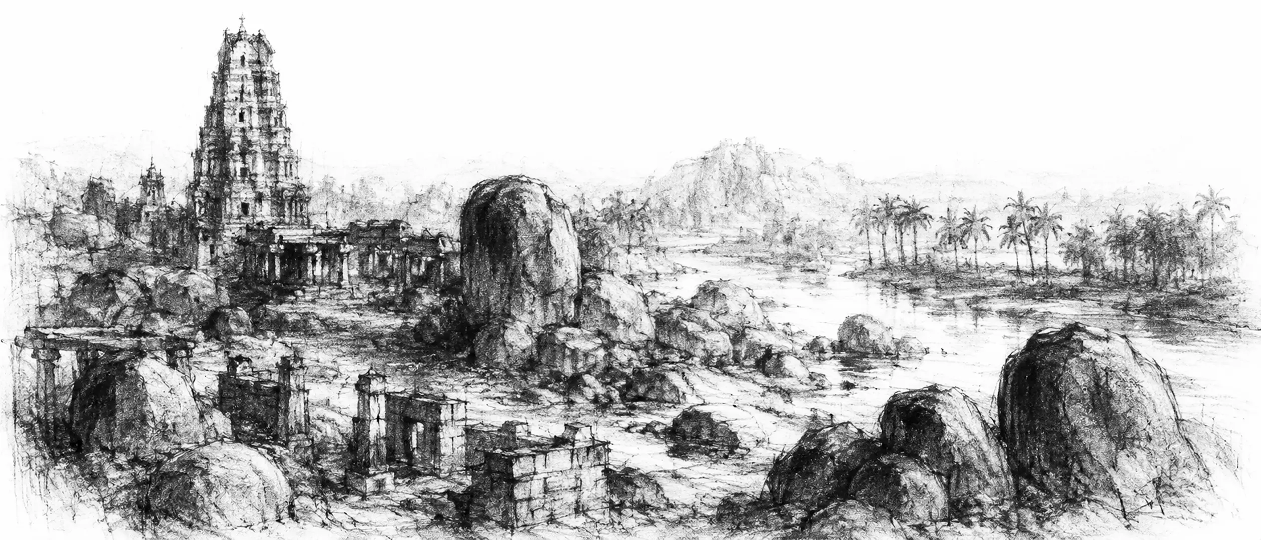 Charcoal sketch of a ruined temple tower and stone ruins among huge rounded granite boulders, a river and palms in heat-haze - never been abroad