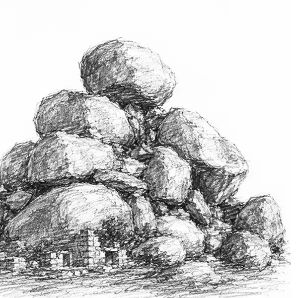 Charcoal sketch of a pile of giant rounded balancing granite boulders of Hampi