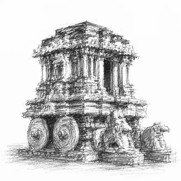 Charcoal sketch of the famous carved stone temple chariot