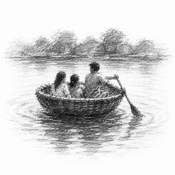 Charcoal sketch of a round coracle boat on the green river in Hampi