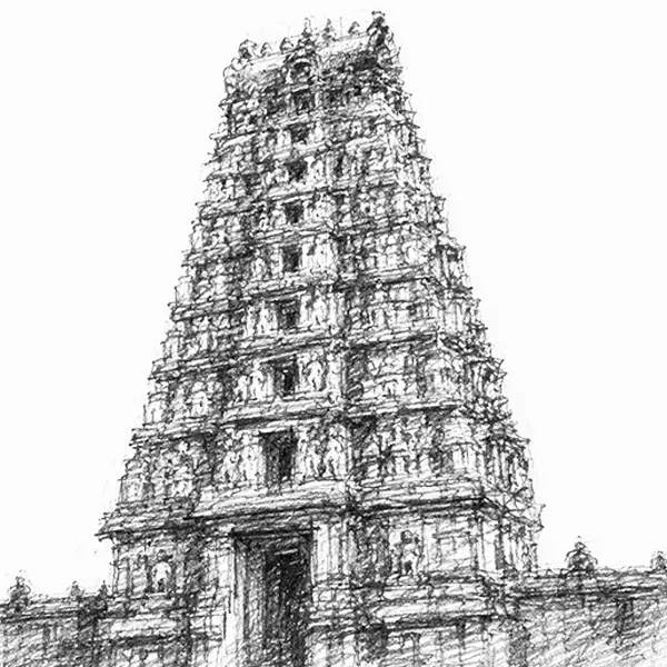 Charcoal sketch of a tall ornate temple tower against the sky in Hampi