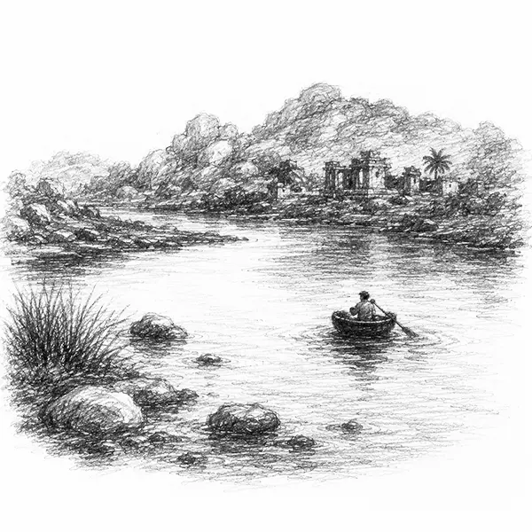 Charcoal sketch of a green river winding among boulder hills and ruins, a small coracle on the water
