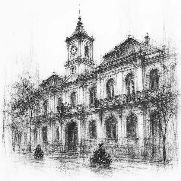 Charcoal sketch of a French-colonial post office in Ho Chi Minh City or cathedral with a spire