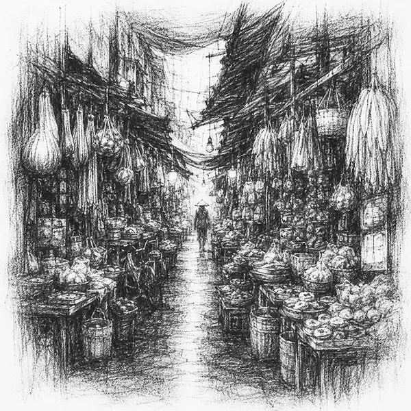 Charcoal sketch of a narrow covered-market alley hung with goods