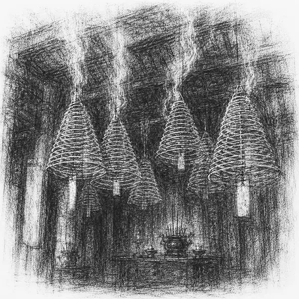 Charcoal sketch of hanging incense coils smoking in a dim pagoda