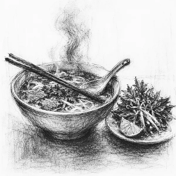 Charcoal sketch of a steaming bowl of pho noodle soup with chopsticks