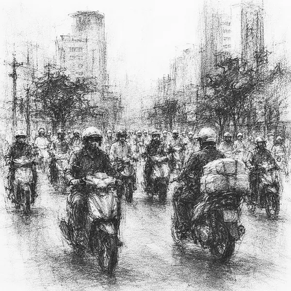 Charcoal sketch of a flood of scooters crossing a busy junction at Ho Chi Minh City