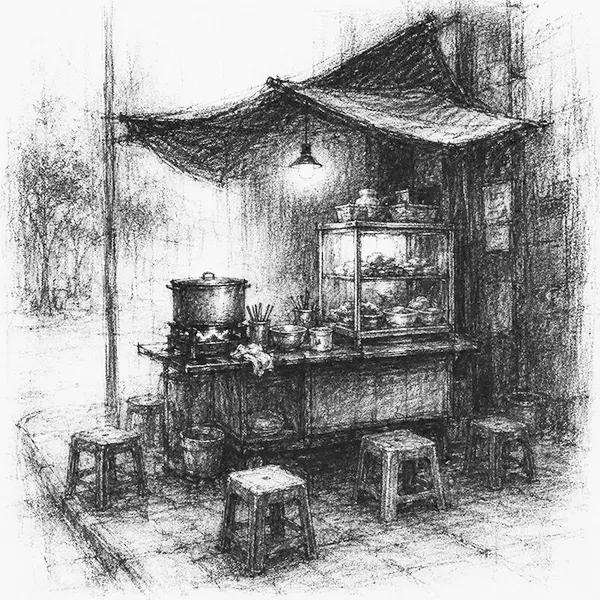 Charcoal sketch of a street-food stall with little low plastic stools on the pavement in Ho Chi Minh City