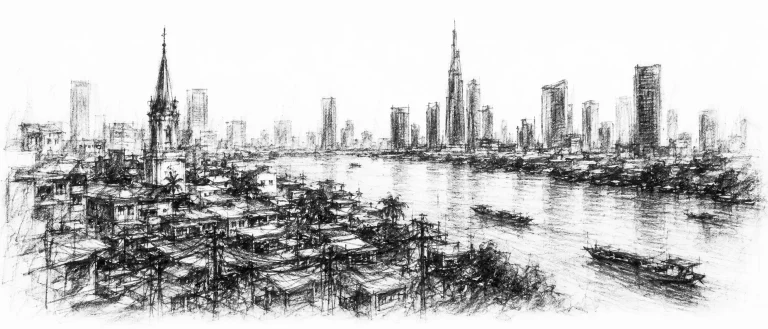 Charcoal sketch of a dense low city along a wide brown river, scooters and markets below, a colonial spire, heat-haze - never been abroad