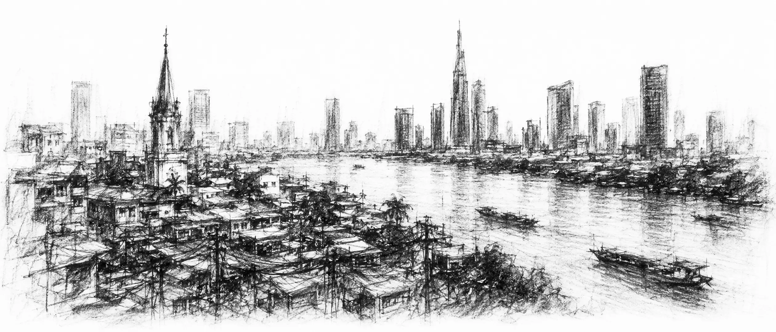 Charcoal sketch of a dense low city along a wide brown river, scooters and markets below, a colonial spire, heat-haze - never been abroad