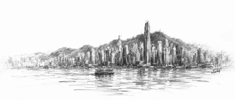Charcoal sketch of Hong Kong's towers crowded down to the harbour, the hills behind, a ferry on the water - never been abroad