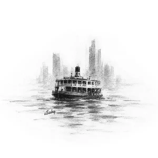 Charcoal sketch of a small double-decked Star Ferry crossing Hong Kong harbour, towers behind