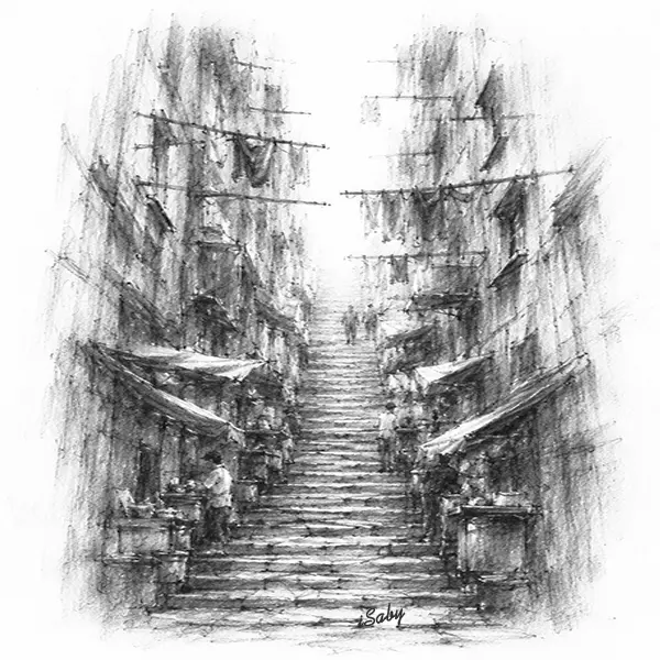 Charcoal sketch of a steep stepped ladder street between tall tenements, laundry poles overhead