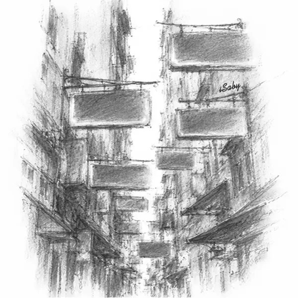 Charcoal sketch of a narrow street roofed over with projecting neon signs on iron arms