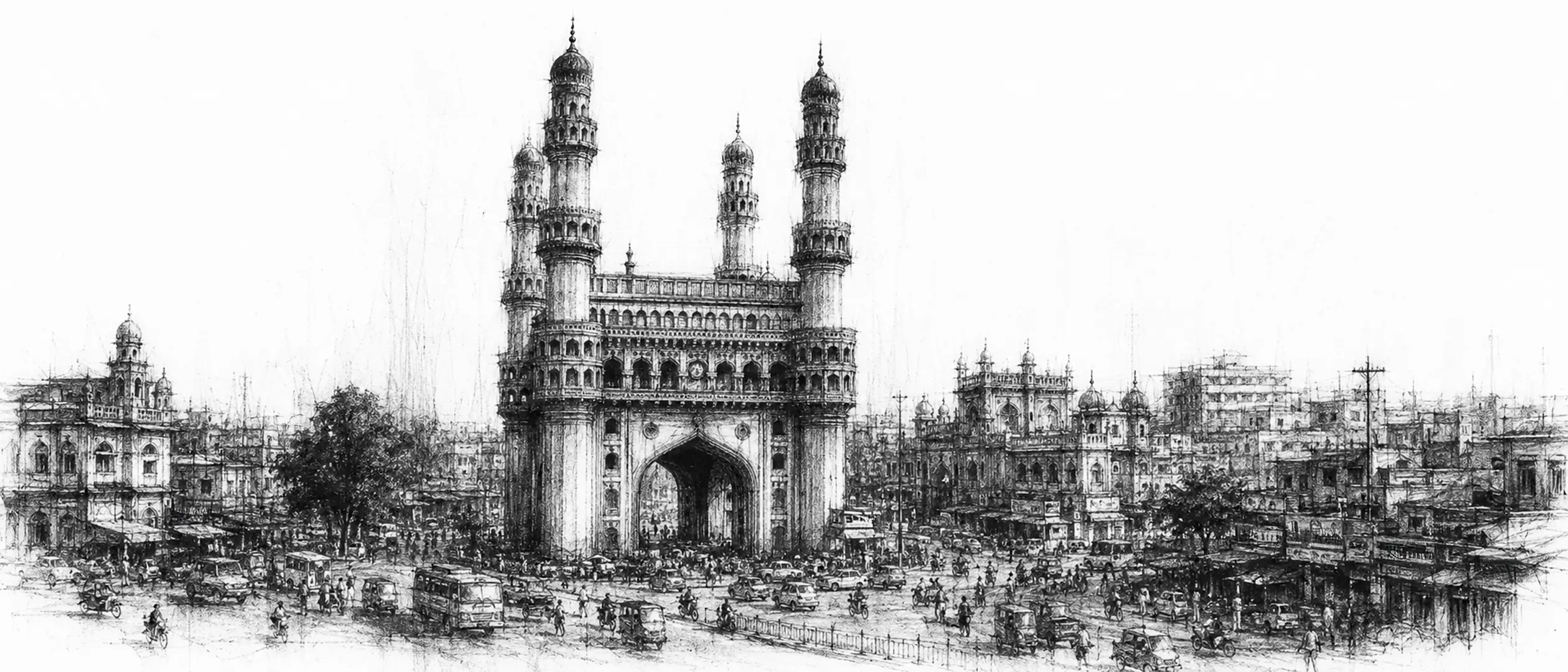 Charcoal sketch of a four-minaret arched monument rising over a dense bazaar, domes and a fort-hill beyond in dry haze - never been abroad