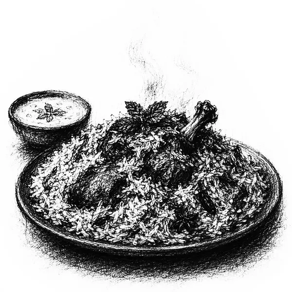 Charcoal sketch of a plate of biryani in Hyderabad with its garnish
