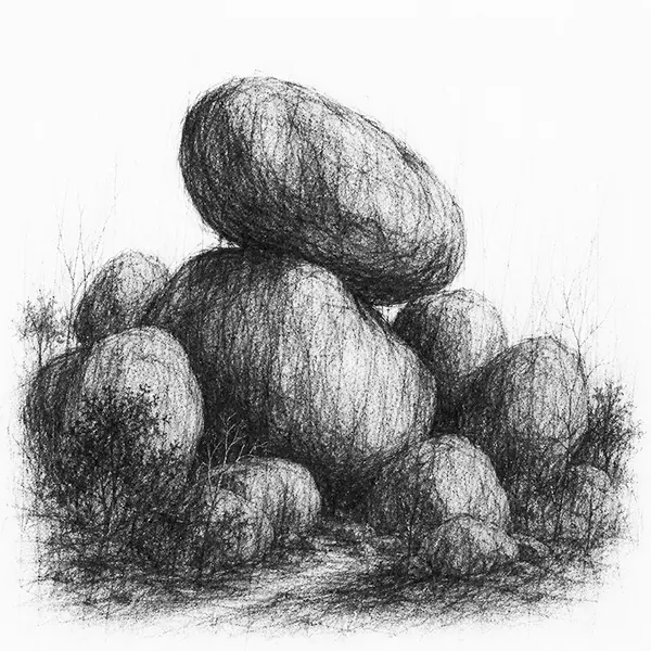 Charcoal sketch of great rounded granite boulders balanced in a pile among dry Deccan scrub