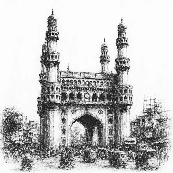 Charcoal sketch of the four-minaret arched monument over the bazaar in Hyderabad