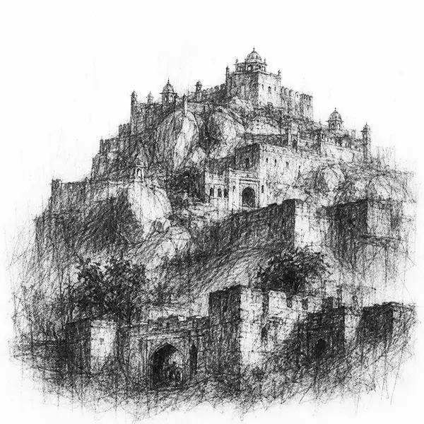 Charcoal sketch of the granite hill-fort crowned with domes