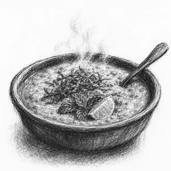 Charcoal sketch of a bowl of haleem garnished with fried onion, lime and mint, a spoon and a curl of steam