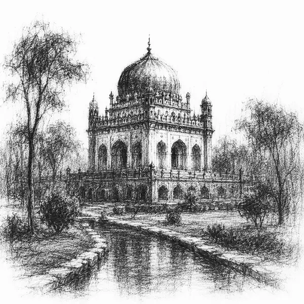 Charcoal sketch of a domed garden-tomb among trees in Hyderabad