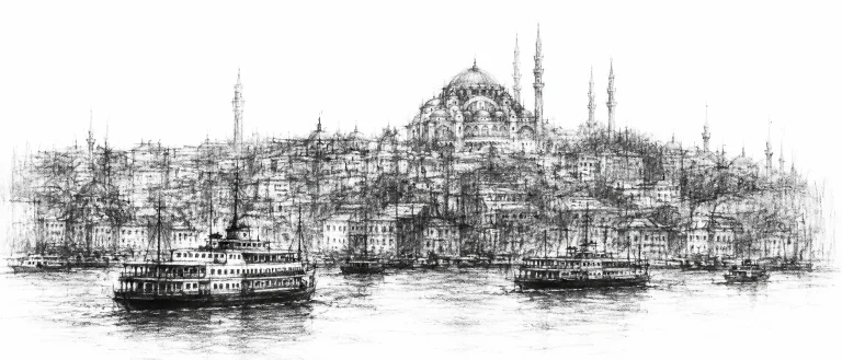 Charcoal sketch of the Istanbul skyline across the water, a great domed mosque and minarets on the hill, ferries on the strait - never been abroad