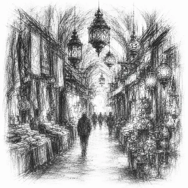 Charcoal sketch of a narrow covered-bazaar lane with hanging lamps overhead