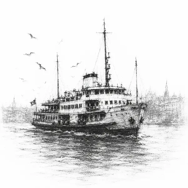 Charcoal sketch of a passenger ferry crossing the Bosphorus, gulls wheeling behind it