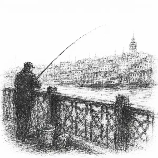 Charcoal sketch of a fishing rod and line over the rail of the Galata bridge, the city beyond
