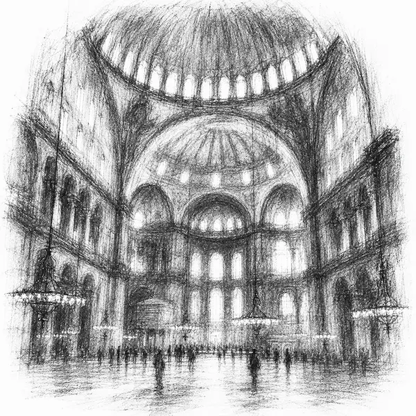 Charcoal sketch of the vast domed interior of Hagia Sophia, light falling from high windows