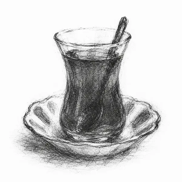 Charcoal sketch of a glass of tea in a tulip-shaped glass on a small saucer as served in Istanbul