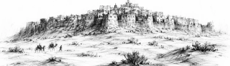 Charcoal sketch of the golden sandstone fort city of Jaisalmer rising out of the pale Thar desert under a big sky, camels small on the sand - never been abroad