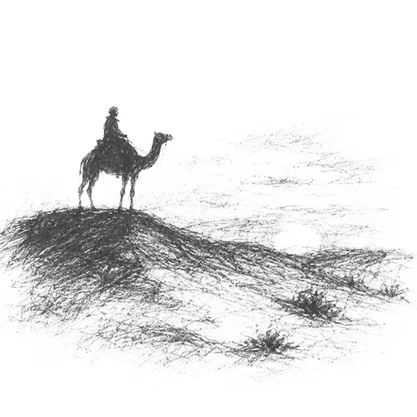 Charcoal sketch of a camel and rider silhouetted on a dune ridge at sunset