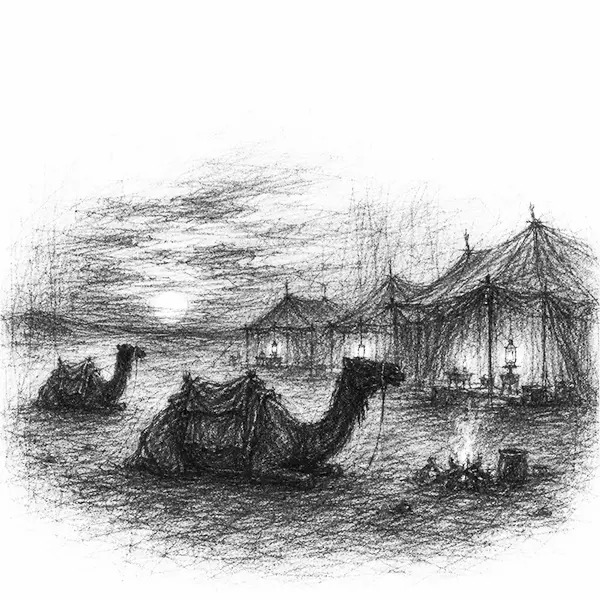 Charcoal sketch of camels resting by a desert camp at dusk