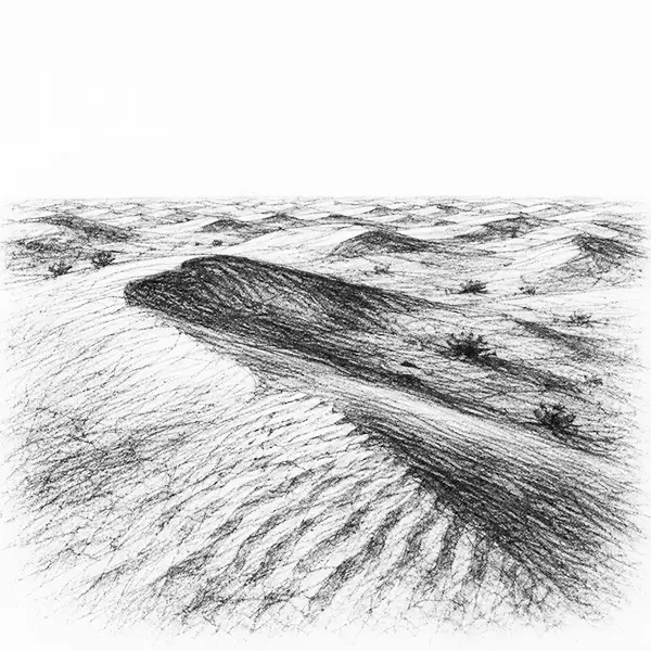 Charcoal sketch of wind-rippled desert dunes running to the horizon